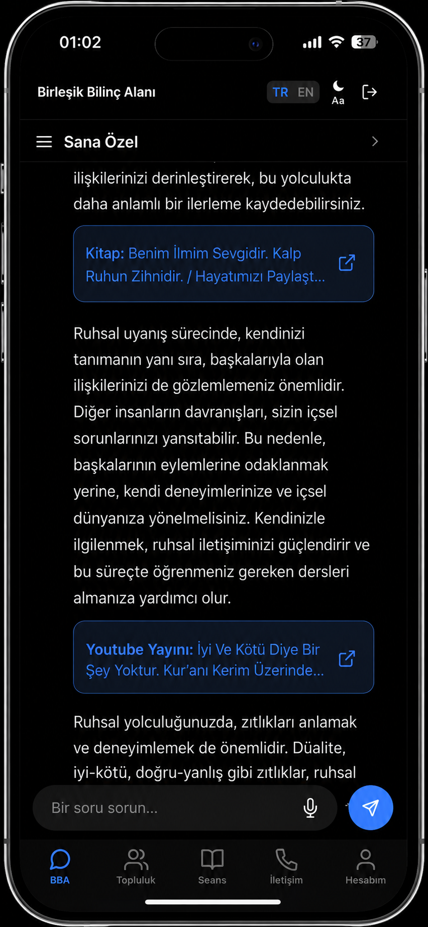 Birleşik Bilinç Alanı uygulamasında kitap, bölüm ve YouTube kaynak kartları