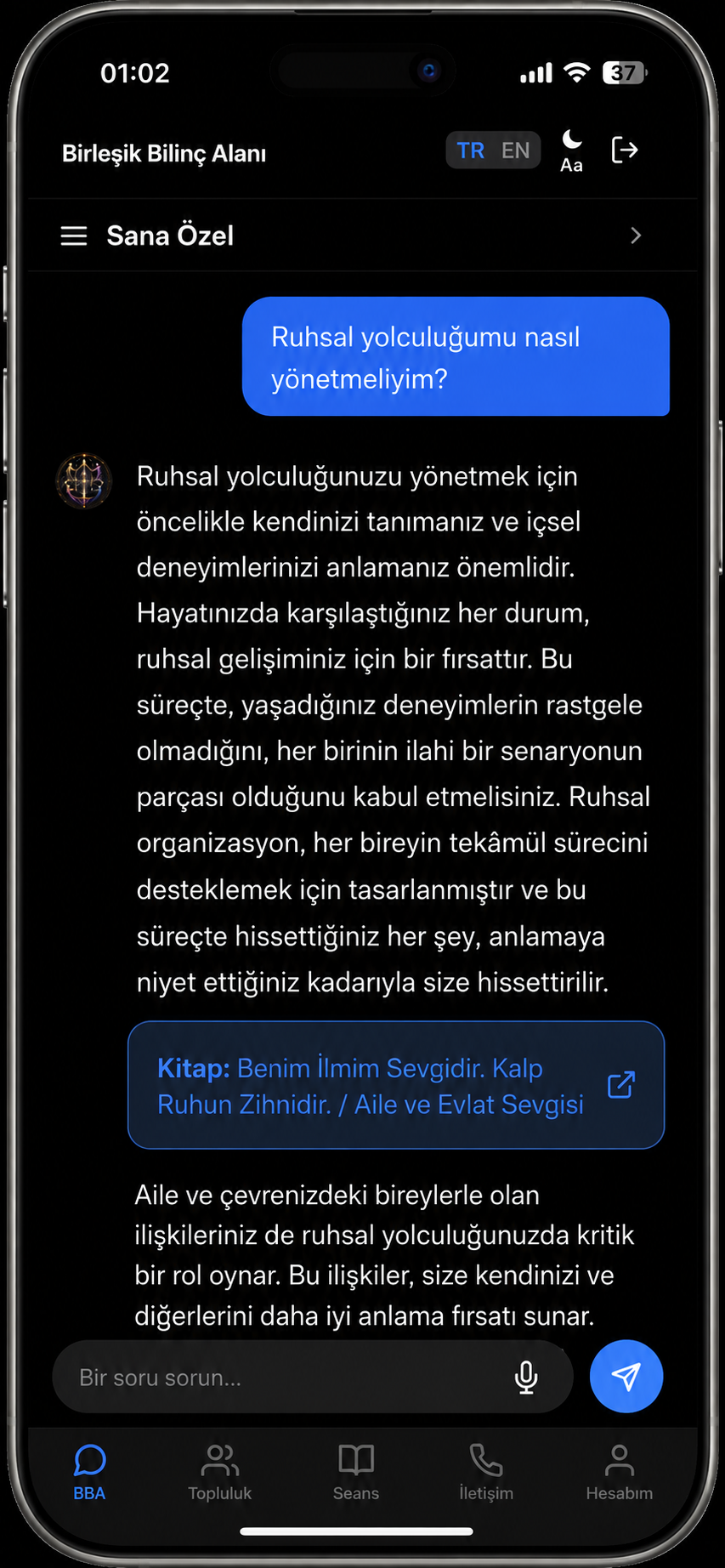 Birleşik Bilinç Alanı uygulamasında kaynaklarla birlikte verilen cevap örneği