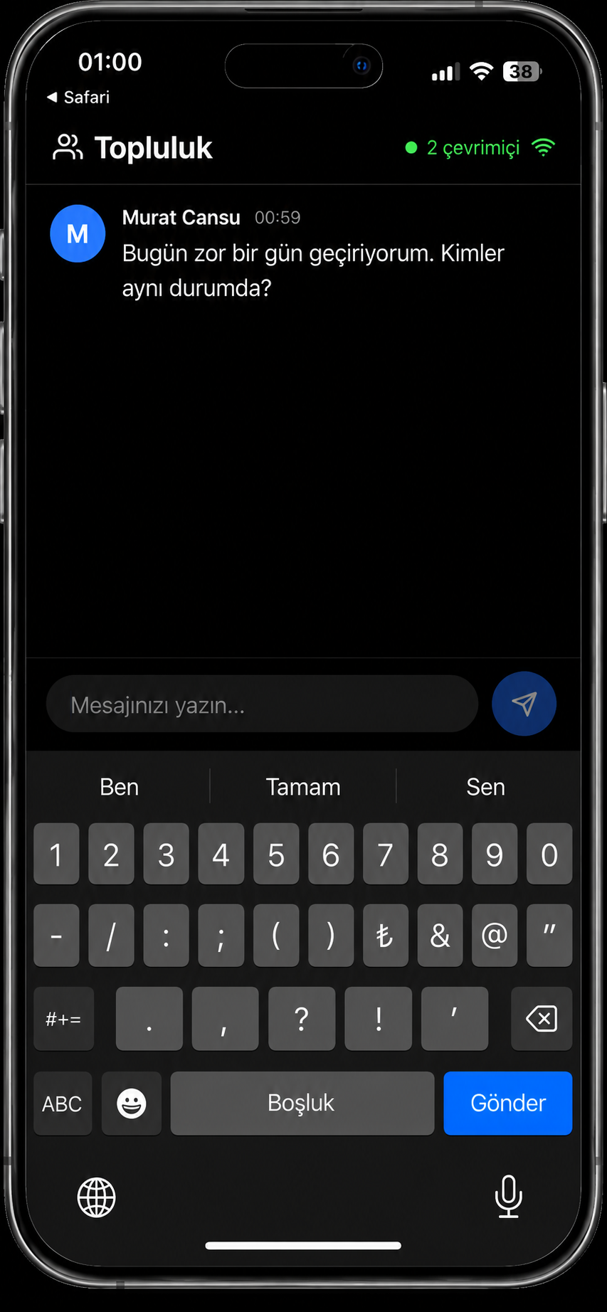 Birleşik Bilinç Alanı uygulamasındaki Topluluk sohbet alanı