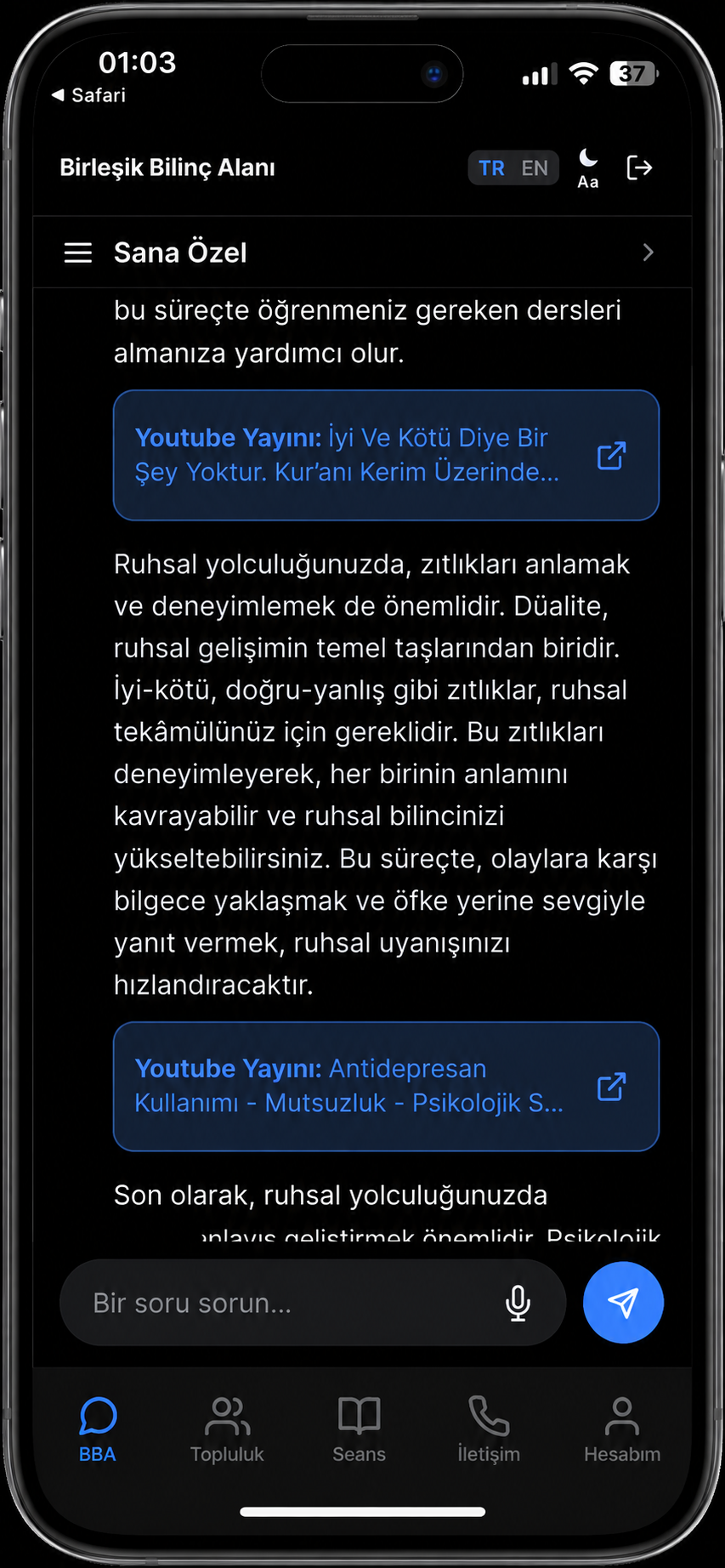 Birleşik Bilinç Alanı uygulamasında YouTube yayınlarını gösteren kaynak kartları